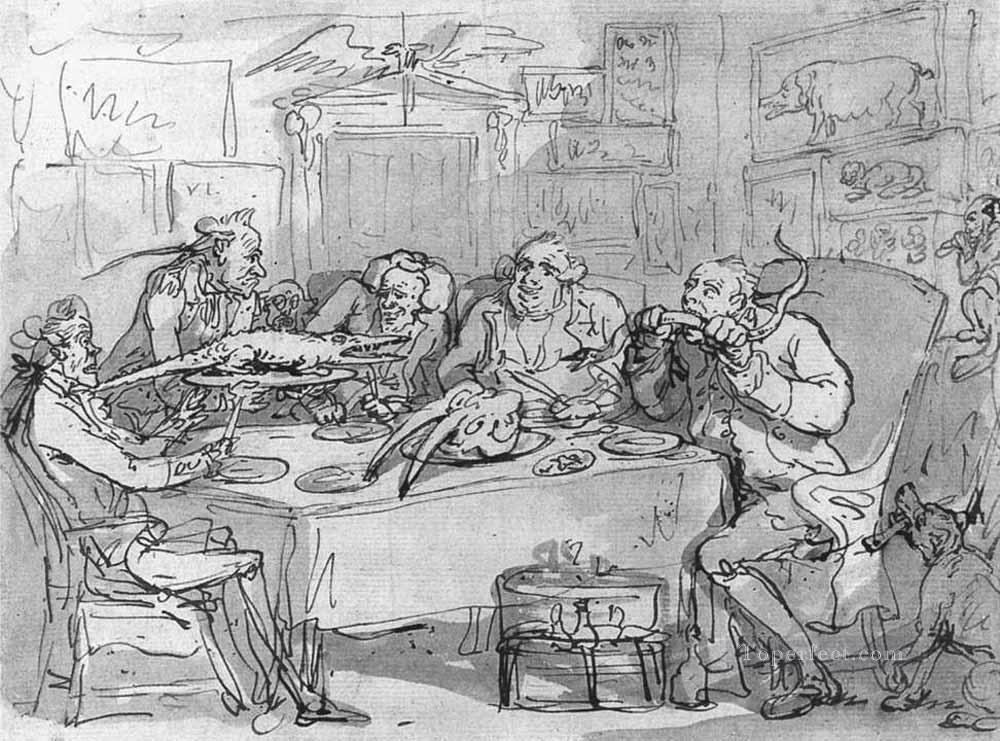 La cena del pescado caricatura de Thomas Rowlandson en blanco y negro Pintura al óleo